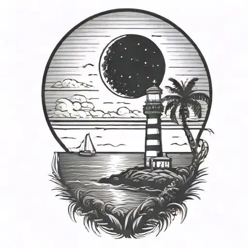 moon setting over the ocean black sky with palm trees dark in the foreground lighthouse in the background clouds in sky tattoo design idea