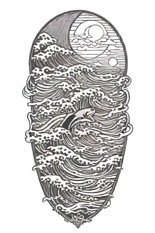 large waves crashing over clouds at night with a crescent moon and a great white shark in the waves tattoo design idea
