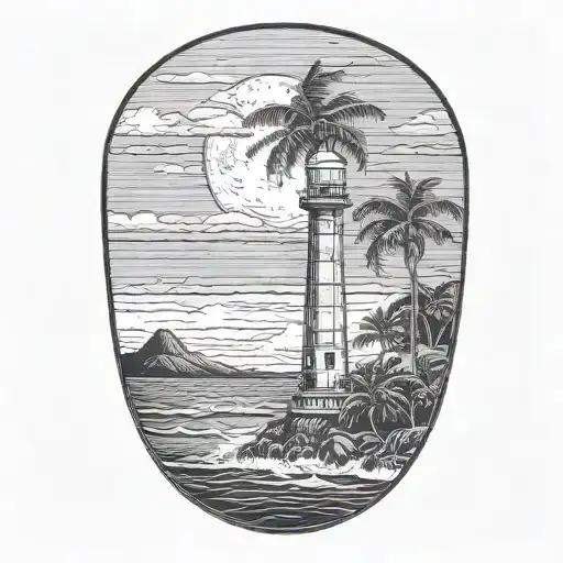 moon setting over the ocean black sky with palm trees dark in the foreground lighthouse in the background clouds in sky tattoo design idea