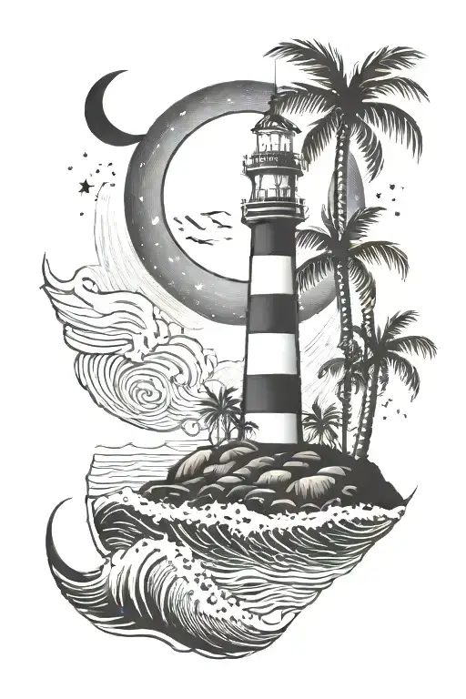 palm trees and waves with a lighthouse shining at night with a crescent moon and stars shining  tattoo design idea
