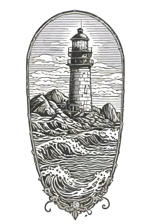 lighthouse on the shore with waves crashing on it with halfdome in the background tattoo design idea