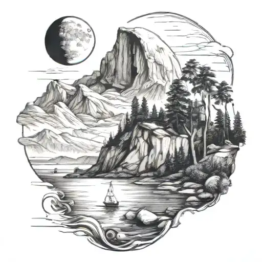 half dome with a river leading to the ocean with waves a lighthouse and palm trees and a crescent moon tattoo design idea
