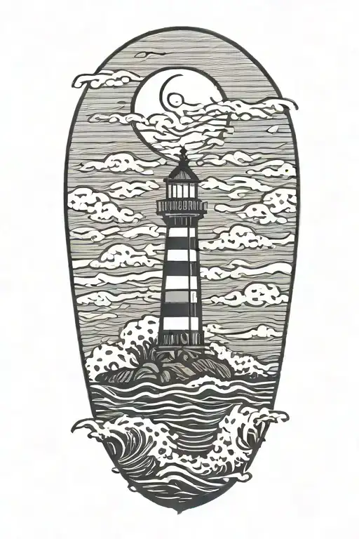waves crashing on a lighthouse at night with a crescent moon and palm trees tattoo design idea