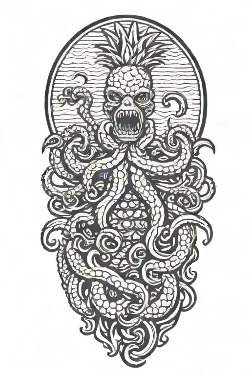 pineapple being eaten by octopus wrapped tattoo design idea