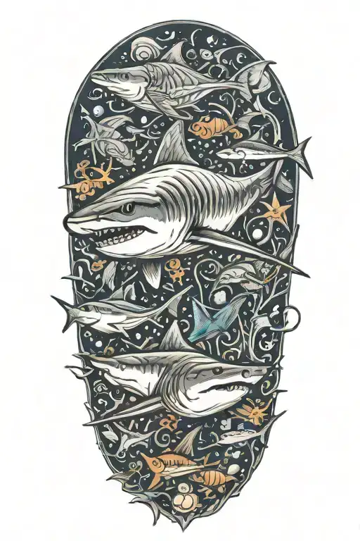 shark, starfish, crab and marlin under the sea tattoo design idea