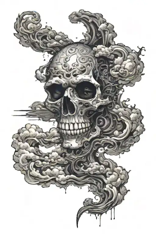 dark skull eyes and nose obscure in clouds tattoo design idea