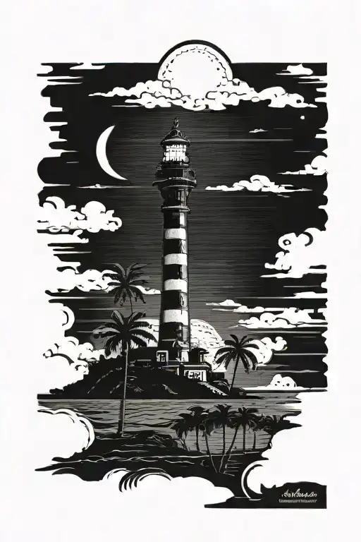 crescent moon over the ocean black sky with palm trees dark in the foreground lighthouse in the background clouds in sky tattoo design idea