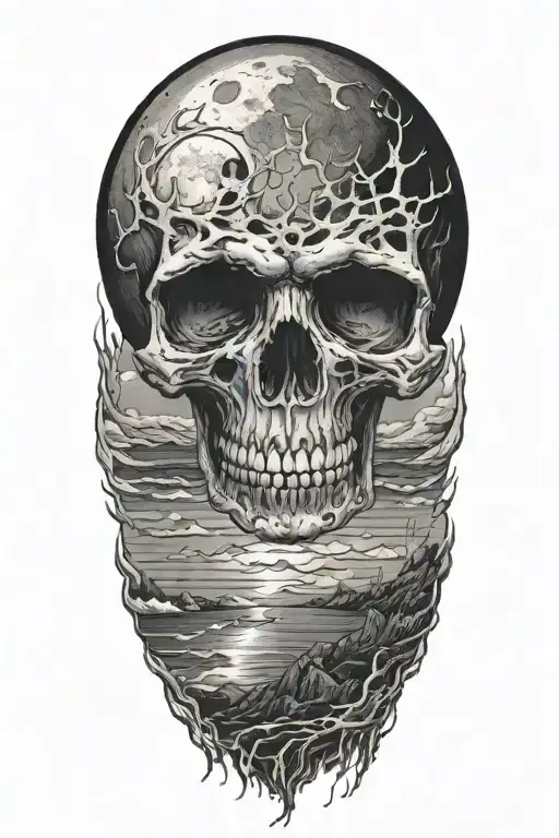 full moon with skull eyes in it over the ocean tattoo design idea