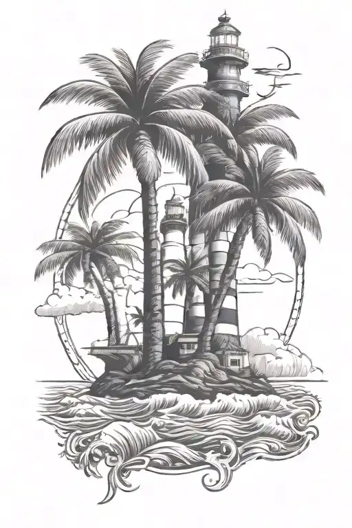 two palm trees with a letter c carved in one and a letter k carved in one in front of the ocean with a lighthouse tattoo design idea