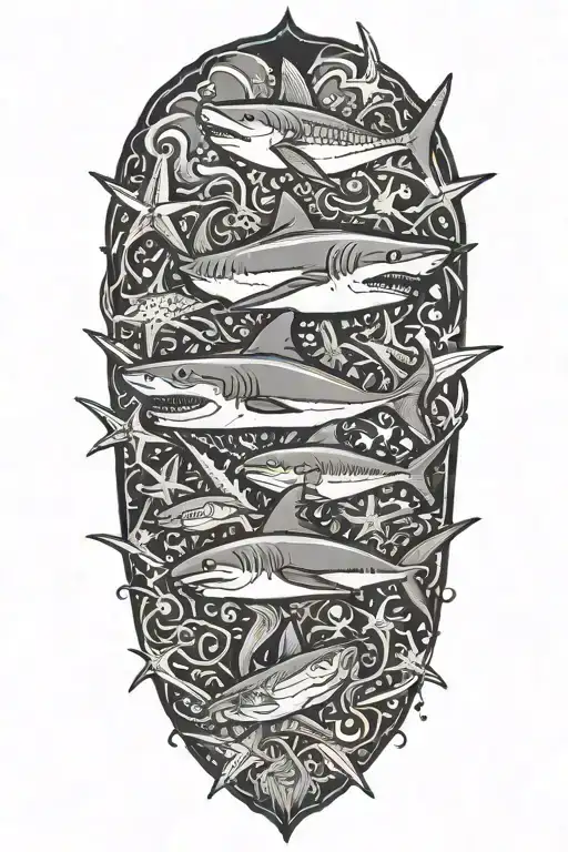 shark, starfish, crab and marlin under the sea tattoo design idea