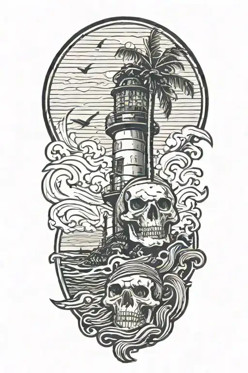skull with lighthouse with waves crashing with palm tree tattoo design idea
