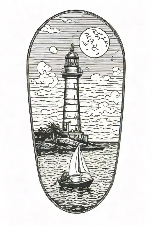 astronaut in a rowboat under a lighthouse at night with a crescent moon and palm trees tattoo design idea