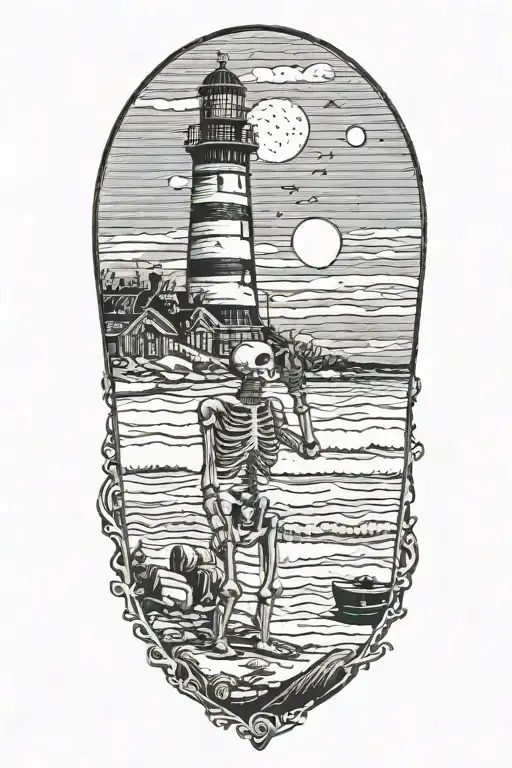 skeleton on the beach drinking a beer under a lighthouse looking at the crescent moon tattoo design idea