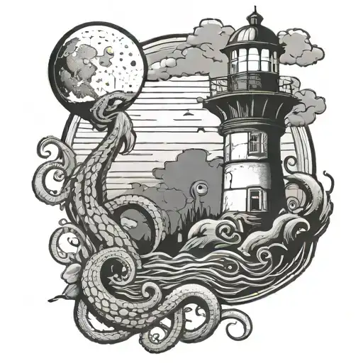 lighthouse being grabbed by a large octopus at night with a crescent moon tattoo design idea