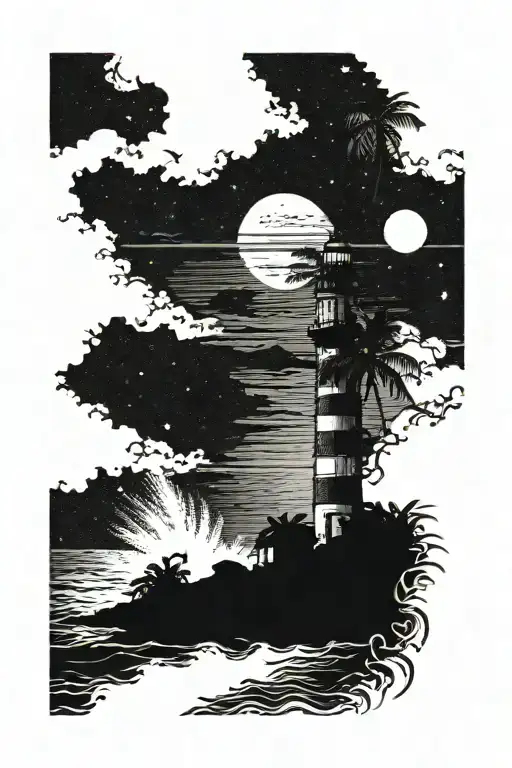 crescent moon over the ocean black sky with palm trees dark in the foreground lighthouse in the background clouds in sky tattoo design idea