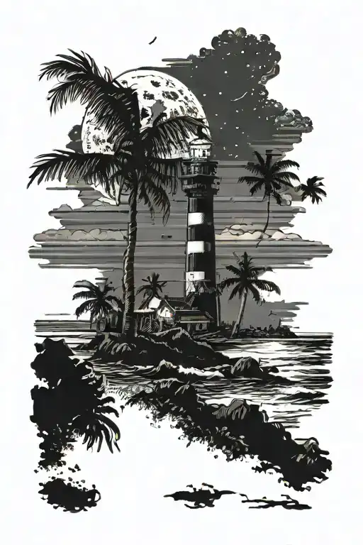 moon setting over the ocean black sky with palm trees dark in the foreground lighthouse in the background clouds in sky tattoo design idea