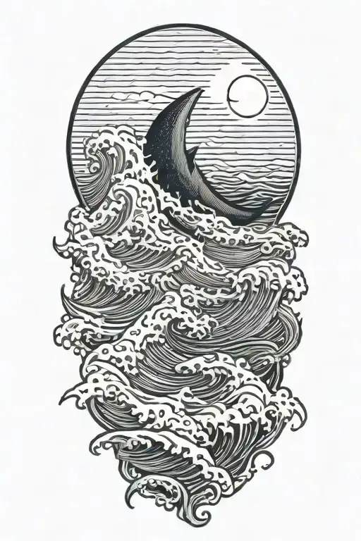 large waves crashing over clouds at night with a crescent moon and a great white shark in the waves tattoo design idea