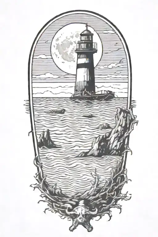 a full moon over the ocean, with obscured skull eyes in the moon as craters of the moon tattoo design idea