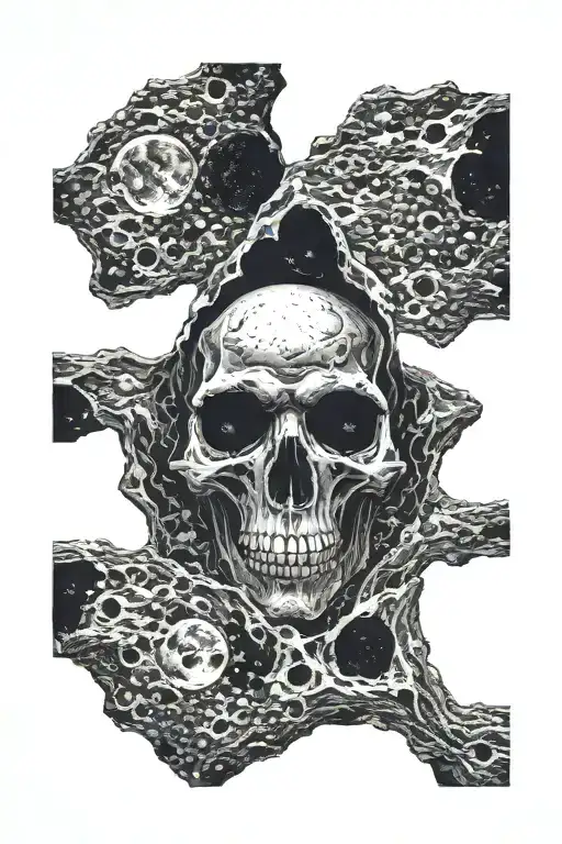 dark skull eyes and nose obscure in the moon's craters tattoo design idea
