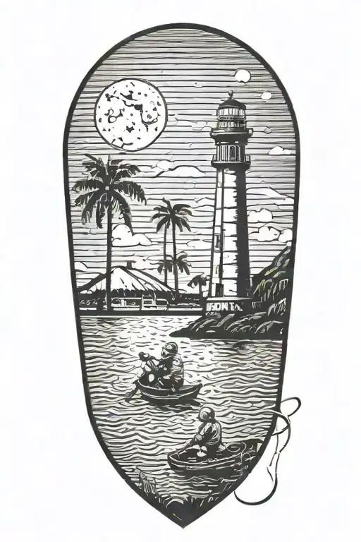 astronaut with a trident in a rowboat under a lighthouse at night with a crescent moon and palm trees tattoo design idea
