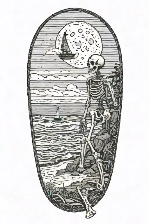 skeleton on the beach drinking a beer under a lighthouse looking at the crescent moon tattoo design idea
