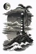 moon setting over the ocean black sky with palm trees dark in the foreground lighthouse in the background clouds in sky tattoo design idea