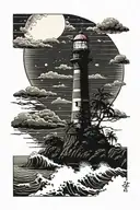 moon setting over the ocean black sky with palm trees dark in the foreground lighthouse in the background clouds in sky tattoo design idea