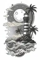 palm trees and waves with a lighthouse shining at night against a dark night sky with a crescent moon and stars shining  tattoo design idea