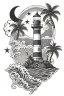 palm trees and waves with a lighthouse shining at night against a dark night sky with a crescent moon and stars shining  tattoo design idea