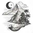 half dome with a river leading to the ocean with waves a lighthouse and palm trees and a south carolina crescent moon tattoo design idea
