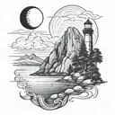 half dome with a river leading to the ocean with waves a lighthouse and palm trees and a south carolina crescent moon tattoo design idea