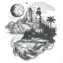 half dome with a river leading to the ocean with waves a lighthouse and palm trees and a south carolina crescent moon tattoo design idea
