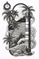 palm trees and waves with a lighthouse shining and space in the background tattoo design idea