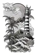 palm trees and waves with a lighthouse shining and space in the background tattoo design idea