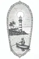 astronaut in a rowboat under a lighthouse at night with a crescent moon and palm trees tattoo design idea