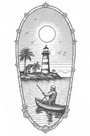 astronaut in a rowboat under a lighthouse at night with a crescent moon and palm trees tattoo design idea