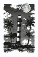 moon setting over the ocean black sky with palm trees dark in the foreground lighthouse in the background clouds in sky tattoo design idea
