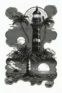 moon setting over the ocean black sky with palm trees dark in the foreground lighthouse in the background clouds in sky tattoo design idea
