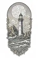 lighthouse at night under a crescent moon with waves crashing on the shore and halfdome in the background with skulls tattoo design idea