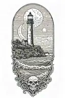 lighthouse at night under a crescent moon with waves crashing on the shore and halfdome in the background with skulls tattoo design idea