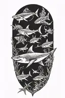shark, starfish, crab and marlin under the sea tattoo design idea
