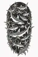 shark, starfish, crab and marlin under the sea tattoo design idea