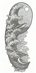 large waves crashing over clouds at night with a crescent moon and a great white shark in the waves tattoo design idea