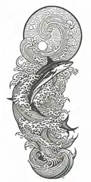 large waves crashing over clouds at night with a crescent moon and a great white shark in the waves tattoo design idea