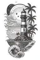 palm trees and waves with a lighthouse shining at night with a crescent moon and stars shining  tattoo design idea