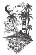 palm trees and waves with a lighthouse shining at night with a crescent moon and stars shining  tattoo design idea