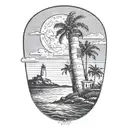 moon setting over the ocean black sky with palm trees dark in the foreground lighthouse in the background clouds in sky tattoo design idea