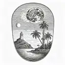 moon setting over the ocean black sky with palm trees dark in the foreground lighthouse in the background clouds in sky tattoo design idea