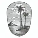 moon setting over the ocean black sky with palm trees dark in the foreground lighthouse in the background clouds in sky tattoo design idea