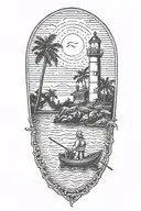 astronaut with a trident in a rowboat under a lighthouse at night with a crescent moon and palm trees tattoo design idea